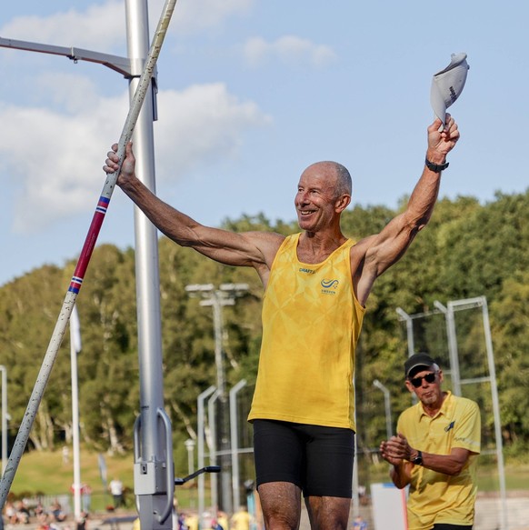 Former alpine star Ingemar Stenmark competes in the pole vault, m65, during the 2024 World Masters Athletics Championships at Slottsskogsvallen in Gothenburg, Sweden, on August 19, 2024. Stenmark clea ...