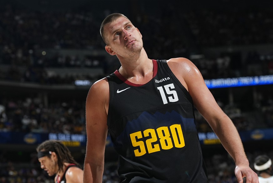 Denver Nuggets center Nikola Jokic reacts after being called for a foul in the second half of Game 7 of an NBA second-round playoff series against the Minnesota Timberwolves Sunday, May 19, 2024, in D ...