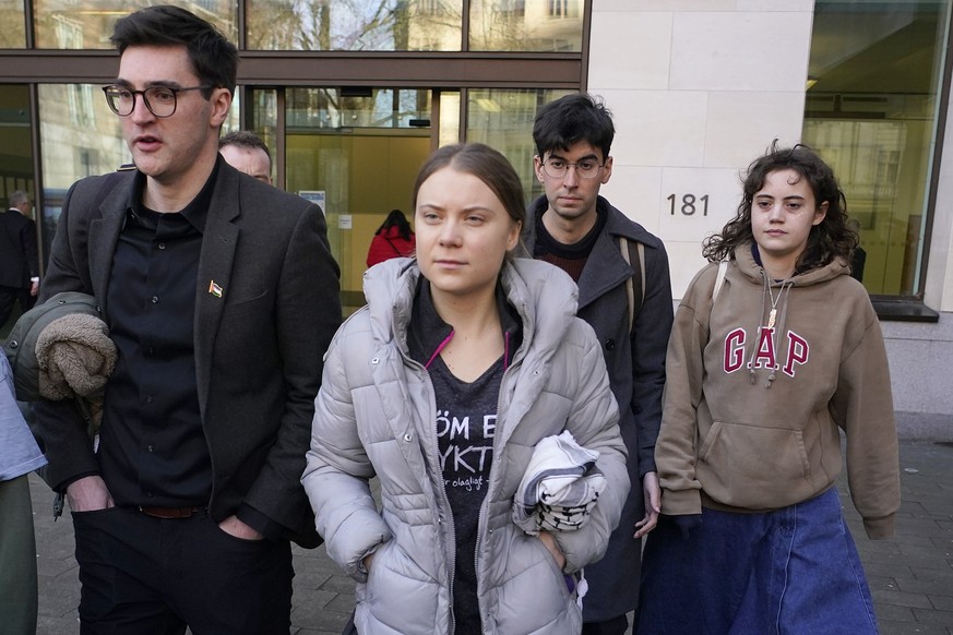 Environmental activist Greta Thunberg leaves Westminster Magistrates Court in London, Thursday, Feb. 1, 2024. Climate activist Greta Thunberg is on trial for protesting outside a major oil and gas ind ...