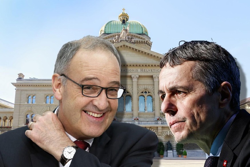 Guy Parmelin (à gauche) était président de la Suisse jusqu'au 31 décembre. Ignazio Cassis lui a succédé le 1er janvier, mais pas partout...