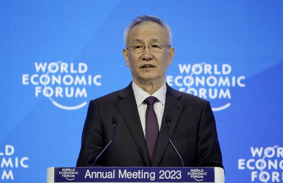 Liu He, Vice Prime Minister of China delivers a speech at the World Economic Forum in Davos, Switzerland Tuesday, Jan. 17, 2023. The annual meeting of the World Economic Forum is taking place in Davos ...