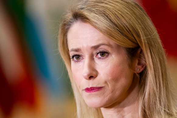 European Union foreign policy chief Kaja Kallas speaks to media as she arrives for a EU general affairs meeting at the European Council building in Brussels, Thursday, Nov.20, 2025. (AP Photo/Geert Va ...