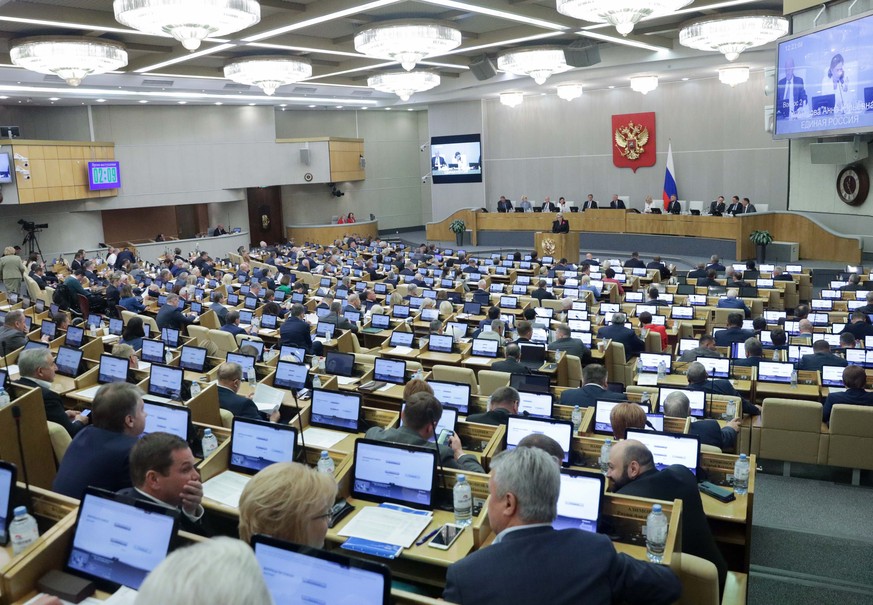 epa11623829 A handout photo made available by the State Duma, Lower House of the Russian Parliament Press Service shows a general view of a session of the State Duma, in Moscow, Russia, 25 September 2 ...