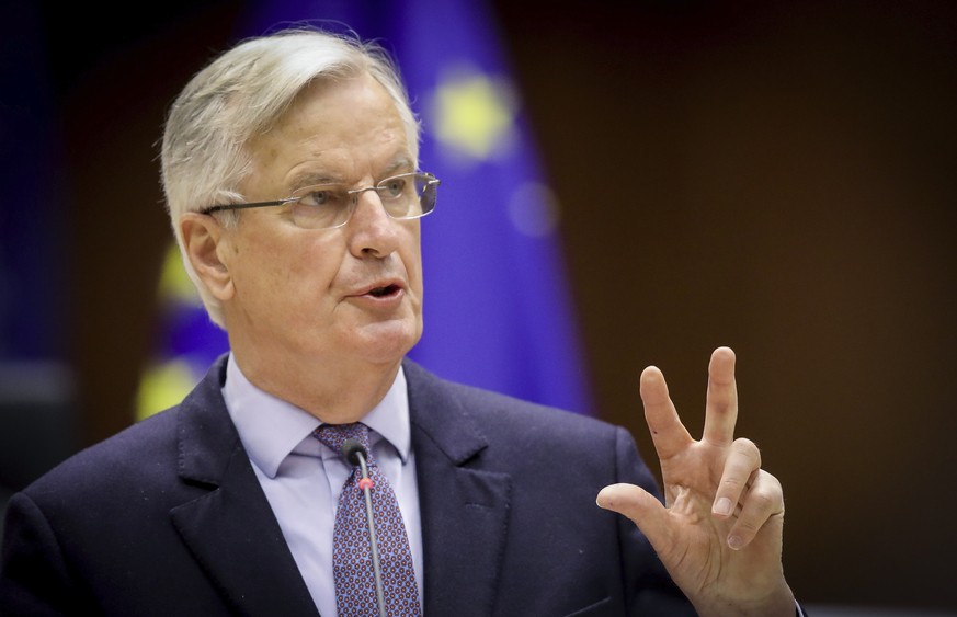 Head of the Task Force for Relations with the UK Michel Barnier speaks during a debate on the EU-UK trade and cooperation agreement during the second day of a plenary session at the European Parliamen ...