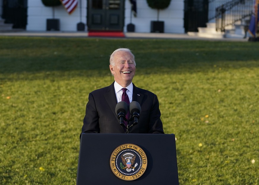 President Joe Biden speaks before signing the $1.2 trillion bipartisan infrastructure bill into law during a ceremony on the South Lawn of the White House in Washington, Monday, Nov. 15, 2021. (AP Pho ...