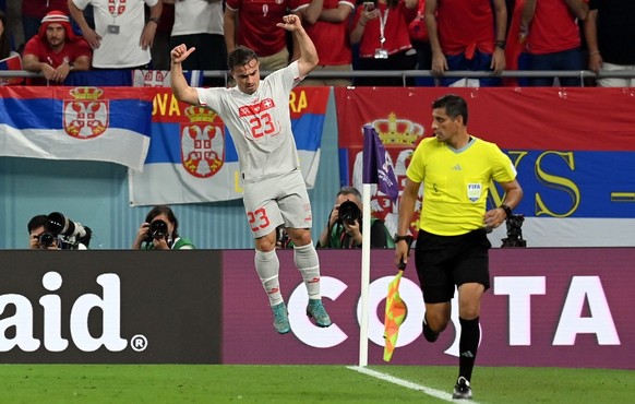 epa10345016 Xherdan Shaqiri of Switzerland celebrates after scoring the 1-0 during the FIFA World Cup 2022 group G soccer match between Serbia and Switzerland at Stadium 947 in Doha, Qatar, 02 Decembe ...