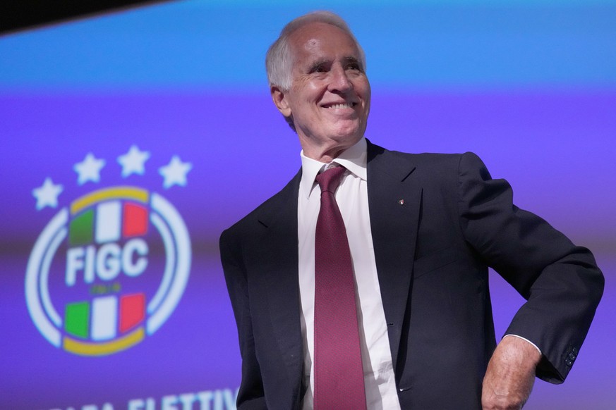 Giovanni Malago' smiles after being elected President of the Italian Soccer Federation (FIGC), in Rome, Monday June 22, 2026. (Alfredo Falcone/LaPresse via AP)
Giovanni Malago