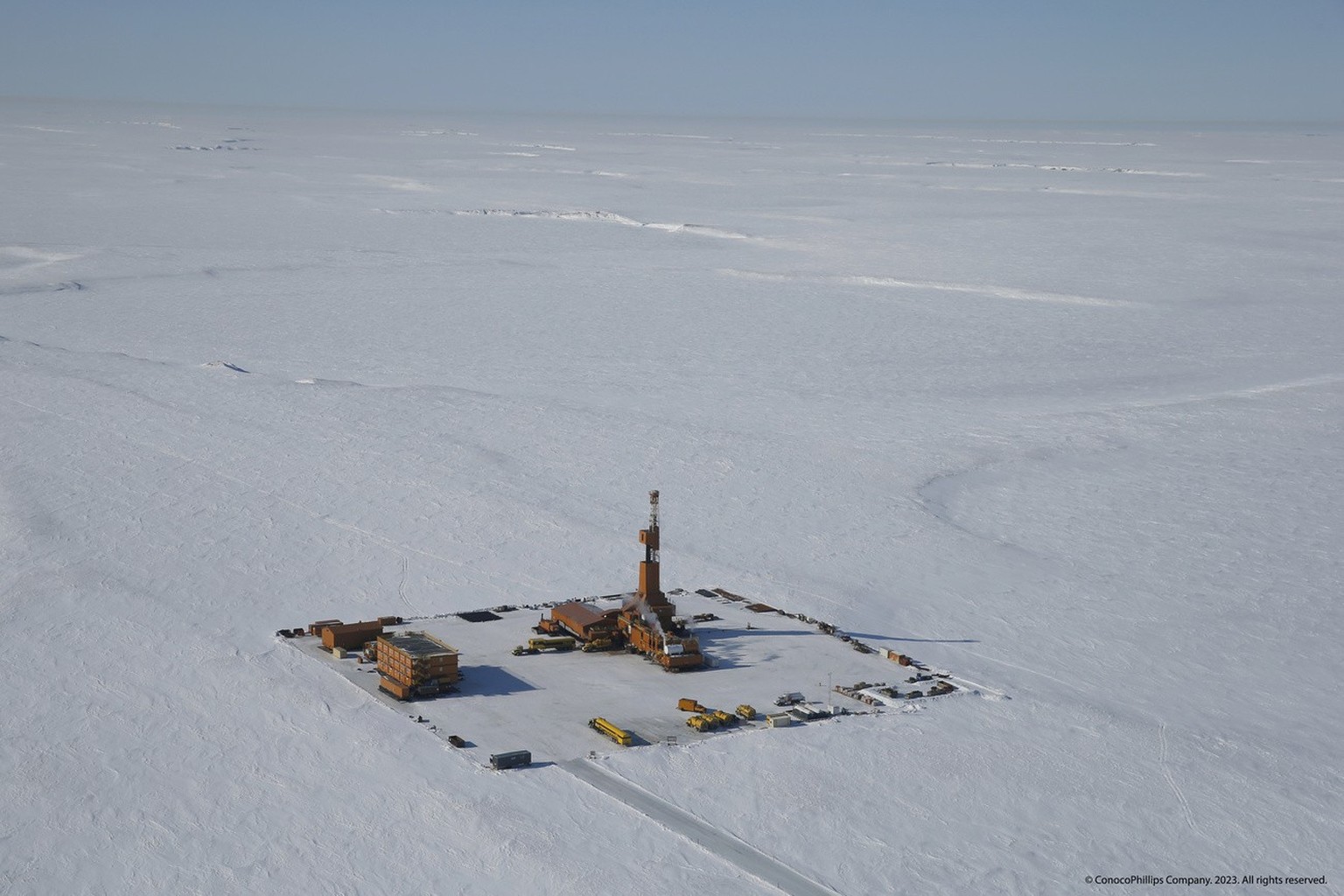 This 2019 aerial photo provided by ConocoPhillips shows an exploratory drilling camp at the proposed site of the Willow oil project on Alaska&#039;s North Slope. (ConocoPhillips via AP)