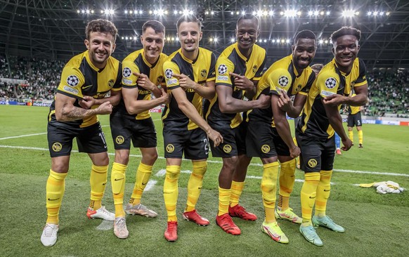 Young Boys' Miralem Sulejmani, Vincent Sierro, Quentin Maceiras, Mohamed Ali Camara, Ulisses Garcia and Felix Mambimbi (L-R) celebrate after the UEFA Champions League Play-off second leg soccer match  ...