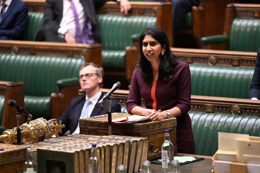 Britain&#039;s Home Secretary Suella Braverman speaks in the House of Commons in London, Monday Dec. 19, 2022. Britain&#039;s High Court ruled Monday that a plan to send asylum-seekers on a one-way tr ...