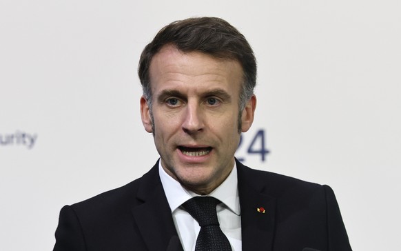 epa12735702 President of France, Emmanuel Macron speaks during the 62st Munich Security Conference (MSC), in Munich, Germany, 13 February 2026. High-level international decision-makers meet at the 62s ...