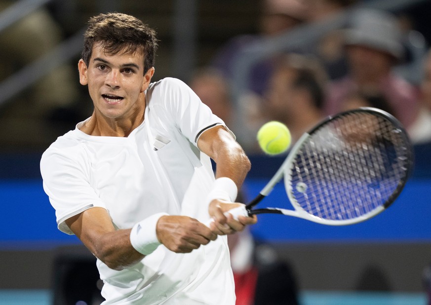Rafael Jodar of Spain hits a return to Jiri Lehecka of Czechia during Round of 16 tennis match at the National Bank Open in Montreal on Saturday, Aug. 8, 2026. (Christinne Muschi/The Canadian Press vi ...