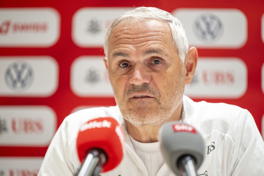 Switzerland&#039;s national soccer teams director Pierluigi Tami speaks during a press conference of the Swiss national soccer team in Salt Lake City, Utah, United States of America, Tuesday, June 3,  ...