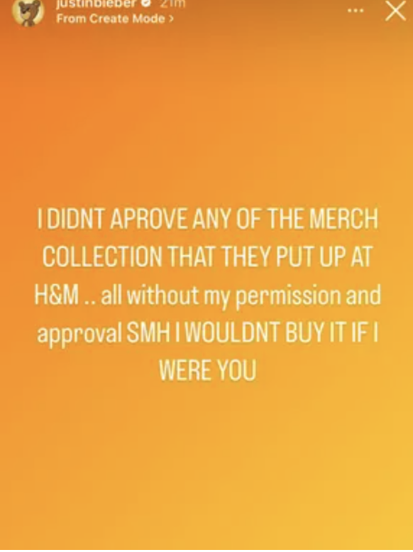 post instagram de Justin Bieber à propos de H&amp;M