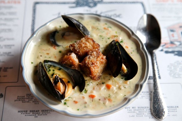 Duxbury, MA - April 26: A dish called &quot;It&#039;s Not Clam Chowder&quot; at the Winsor House. (Photo by Jonathan Wiggs/The Boston Globe via Getty Images)