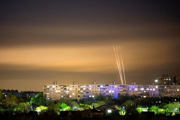 Russian rockets launch against Ukraine from Russia&#039;s Belgorod region, at dawn in Kharkiv, Ukraine, Monday, May 8, 2023. (AP Photo/Vadim Belikov)