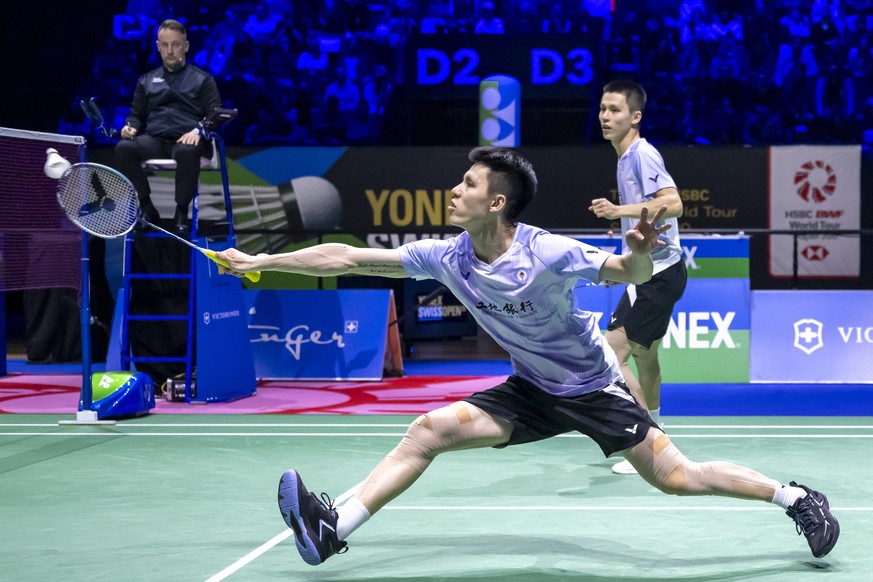 epa12821149 Taiwan's Fang-Jen Lee, front, and Fang-Chih Lee, back, return a shuttlecock to Denmark's Daniel Lundgaard and Mads Vestergaard during their men's doubles final match of the  ...