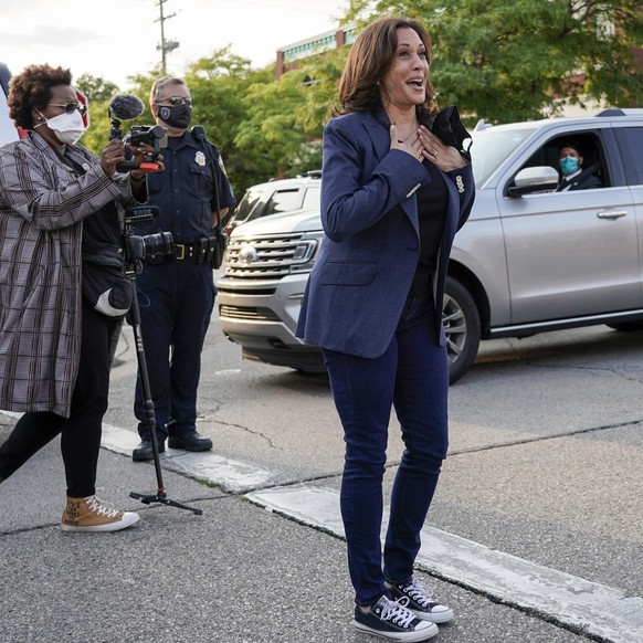 Democratic vice presidential candidate Sen. Kamala Harris, of California, greets supporters after a roundtable event, Monday, Sept. 7, 2020, in Milwaukee. (AP Photo/Morry Gash)
