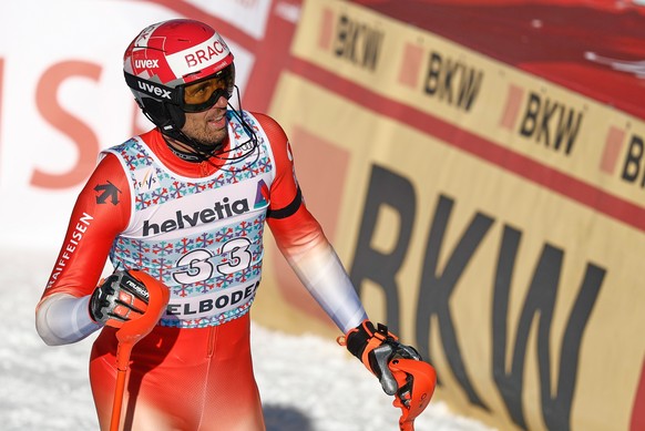 Switzerland's Ramon Zenhaeusern reacts at the finish line during an alpine ski, men's World Cup slalom, in Adelboden, Switzerland, Sunday, Jan. 11, 2026. (AP Photo/Gabriele Facciotti)
Switze ...