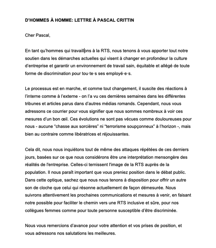 La lettre signée par près de 200 employés masculins de la RTS adressée à Pascal Crittin. 