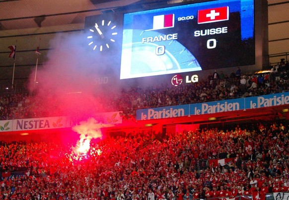 Switzerland&#039;s fans reacts at the end of the game against France, during the FIFA World Cup qualifying Group 4 soccer game, at the Stade de France stadium, in Saint Denis, outside Paris, France, S ...