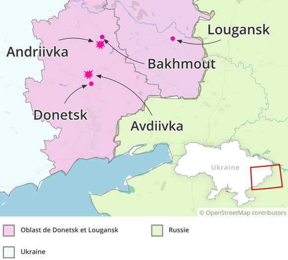 Carte: Bakhmout, Andriivka, Avdiivka, Donetsk et Lougansk.