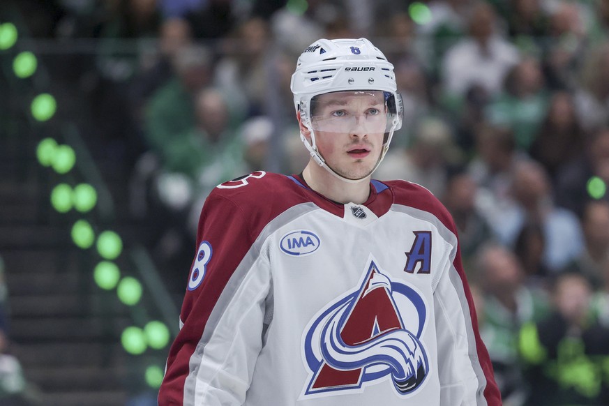 FILE - Colorado Avalanche defenseman Cale Makar looks on during a face-off during the first period of Game 5 of a first-round NHL hockey playoff series against the Dallas Stars in Dallas, April 28, 20 ...