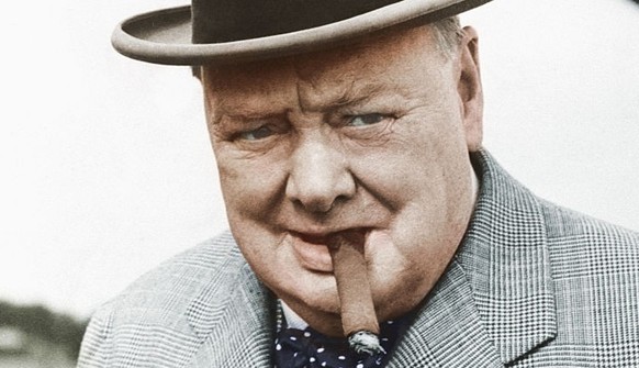 British statesman Winston Churchill in 1949, smoking one of his beloved cigars as he leaves the plane that brought him back from a continental holiday. He caught cold while swimming on the Riviera, bu ...