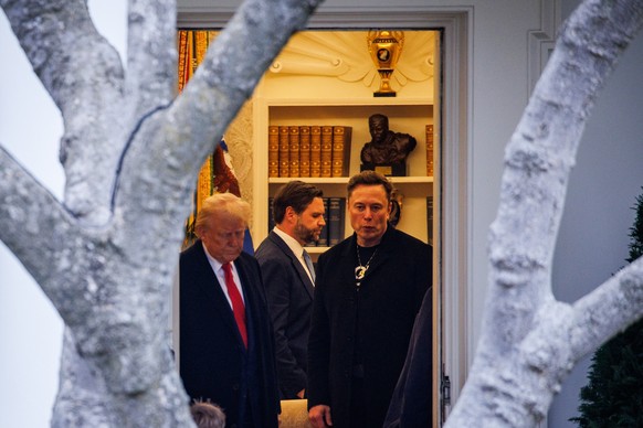 (L-R) President Donald Trump, Vice President JD Vance, and Elon Musk, Tesla CEO and Senior Advisor to the President, are seen in the Oval Office before departing in Marine One from the South Lawn of t ...