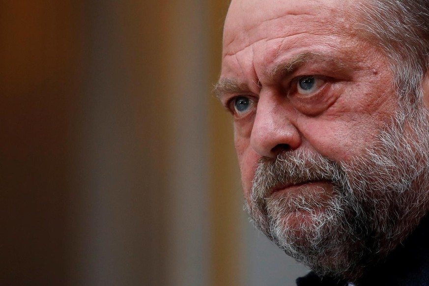 epa09165092 French Justice Minister Eric Dupond-Moretti attends a news conference following the weekly cabinet meeting discussions over a bill for the prevention of acts of terrorism at the Elysee Pal ...