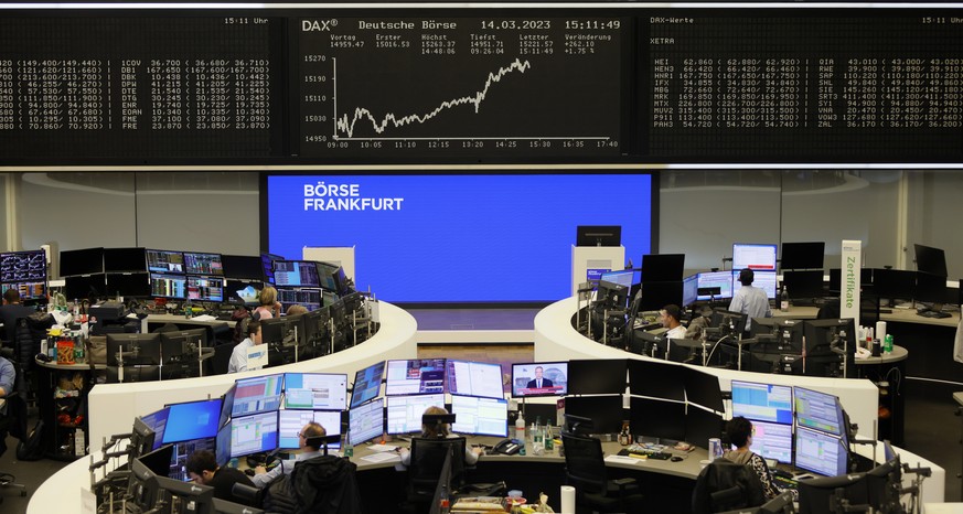 epa10522406 An interior view of Frankfurt Stock Exchange in Frankfurt am Main, Germany, 14 March 2023. World financial markets are showing signs of stress, on 14 March, after the news of the collapse  ...