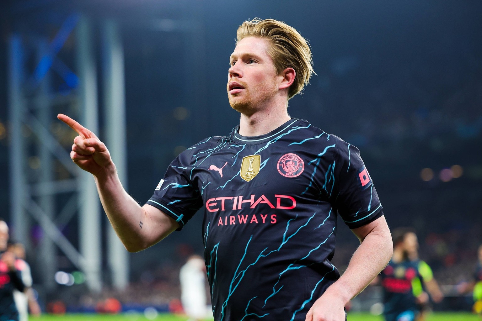 FC Copenhagen v Manchester City Champions League 13/02/2024. Goal 0-1 Kevin De Bruyne 17 of Manchester City scores a goal and celebrates during the Champions League match between FC Copenhagen and Man ...