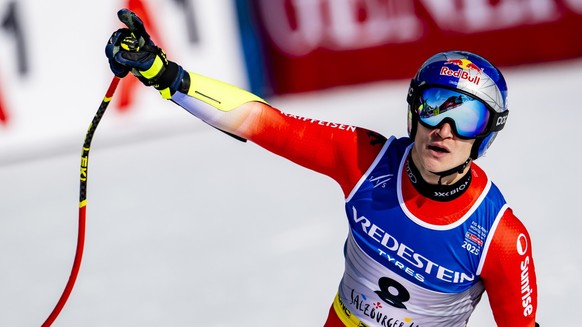 Marco Odermatt of Switzerland reacts in the finish area during the men&#039;s Super G race at the 2025 FIS Alpine World Ski Championships, in Saalbach-Hinterglemm, Austria, Friday, February 7, 2025. ( ...