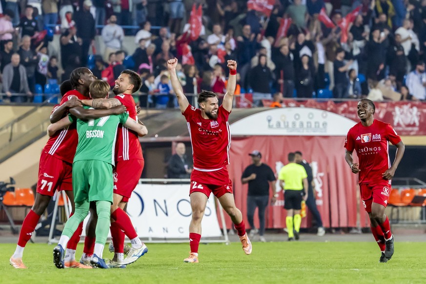 Stade Lausanne-Ouchy's players celebrate their qualification for the final after defeating Grasshopper, during the Swiss Cup semifinal between FC Stade Lausanne-Ouchy, SLO, and Grasshopper Club Z ...