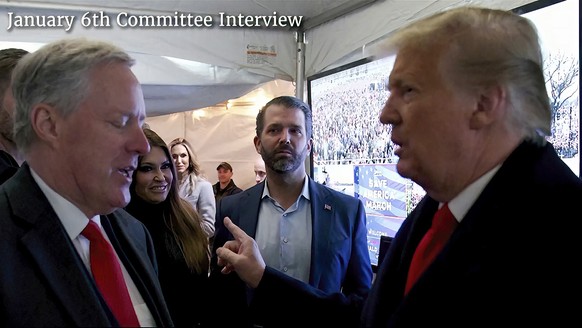 This exhibit from video released by the House Select Committee, shows a photo of former President Donald Trump talking to his chief of staff Mark Meadows before Trump spoke at the rally on the Ellipse ...