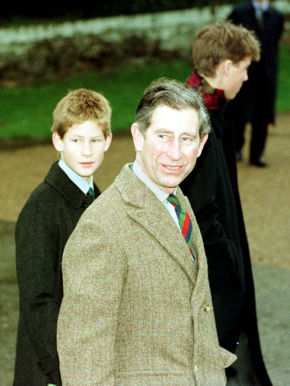 The Prince of Wales with his sons Prince Harry (L) and Prince William following the traditional Christmas Day service at church on the Sandringham estate, attended by the Queen and members of her imme ...