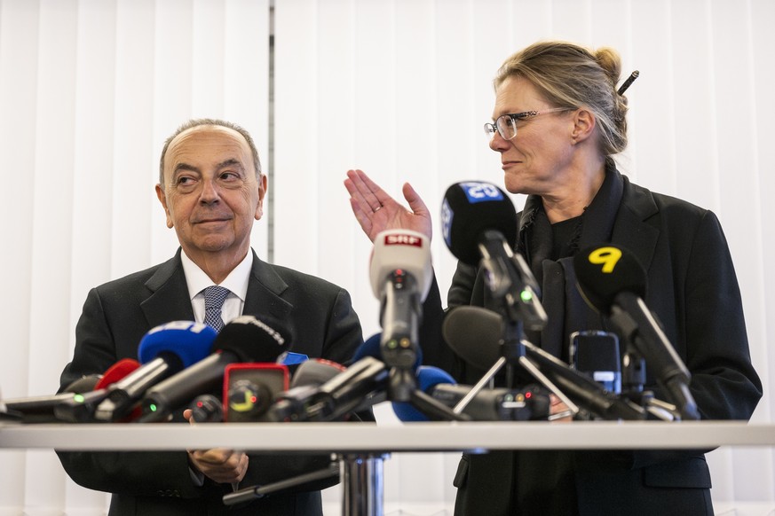 KEYPIX - Beatrice Pilloud, Attorney General of the Canton of Valais, right, and Francesco Lo Voi Chief Prosecutor of Rome, speak to media after their meeting between prosecutors of the Canton of Valai ...