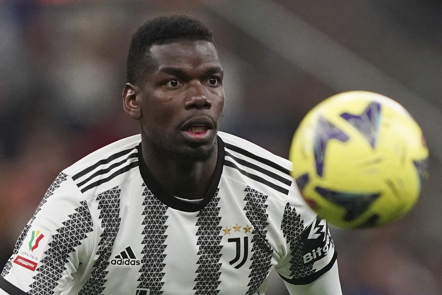 FILE - Juventus&#039; Paul Pogba controls the ball during an Italian Cup soccer match between Internazionale and Juventus, at the Giuseppe Meazza San Siro Stadium, in Milan, Italy, April 26, 2023. Ant ...