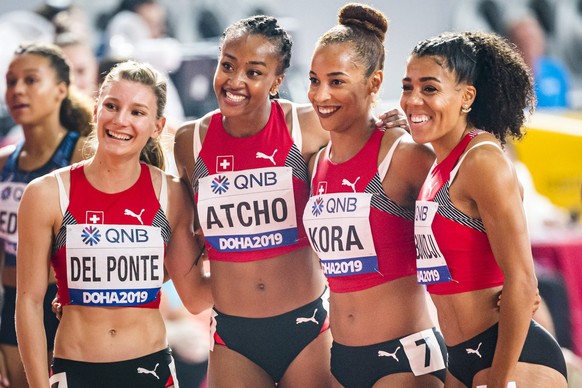 From left to right, Ajla Del Ponte, Sarah Atcho, Salome Kora, Mujinga Kambundji from Switzerland react during the women&#039;s 4x100 meters relay qualification round at the IAAF World Athletics Champi ...