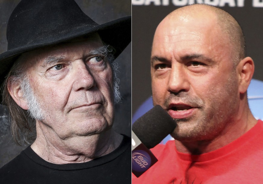 This combination photo shows Neil Young in Calabasas, Calif., on May 18, 2016, left, and UFC announcer and podcaster Joe Rogan before a UFC on FOX 5 event in Seattle on Dec. 7, 2012. Young fired off a ...