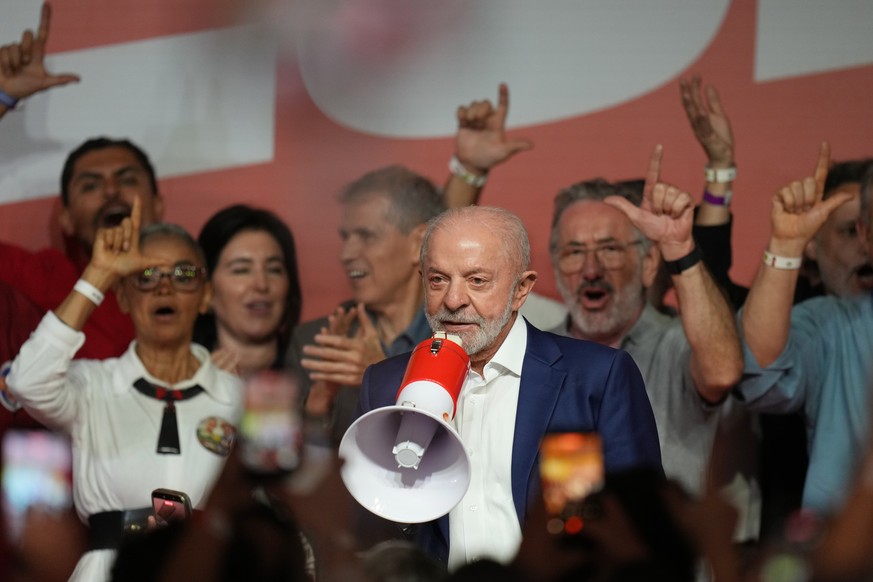 President Luiz Inacio Lula da Silva, who is running for reelection, speaks to supporters after advancing to a presidential runoff following the first round in Sao Paulo, Brazil, Sunday, Oct. 4, 2026.  ...