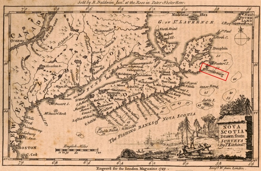 Carte de la Nouvelle-Écosse vers 1749. La ville fortifiée de Louisbourg se trouve sur la rive sud de l’île de Cap Breton.
https://www.loc.gov/resource/g3420.ct008128/?r=0.008,0.119,0.949,0.49,0