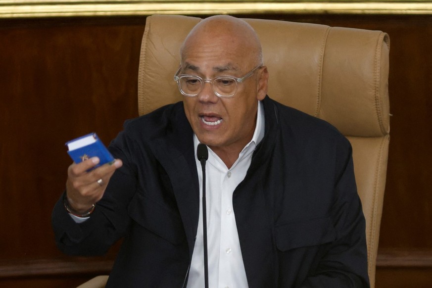 The president of Venezuela's National Assembly Jorge Rodriguez speaks during a debate on an amnesty bill proposed by Venezuela's interim president Delcy Rodriguez at the National Assembly in ...