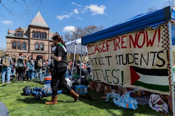 PROVIDENCE, RHODE ISLAND, USA - APRIL 24: Brown University students set up a pro-Palestine encampment on the main green in the College Green, Providence, Rhode Island, United States on April 24, 2024. ...