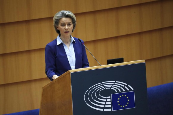 European Commission President Ursula von der Leyen speaks during a debate on the united EU approach to COVID-19 vaccinations at the European Parliament in Brussels, Wednesday, Feb. 10, 2021. (AP Photo ...