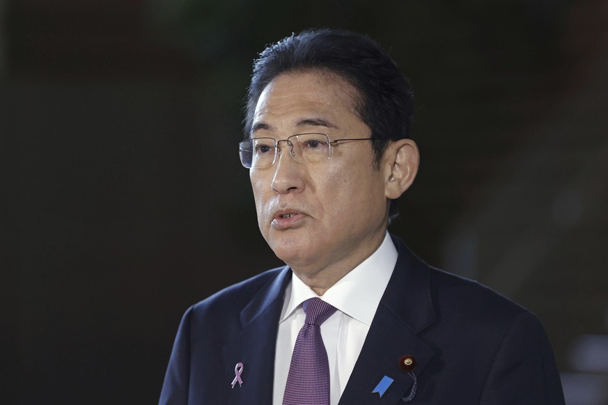 Japanese Prime Minister Fumio Kishida speaks to reporters at his office in Tokyo Tuesday, Nov. 21, 2023. North Korea told Japan that it will make a third attempt to launch a military spy satellite lat ...