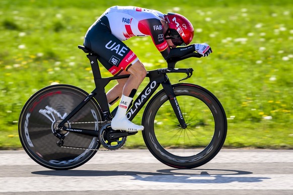 Marc Hirschi from Switzerland of team UAE Team Emirates in action during the prologue, a 5,12 km race against the clock at the 75th Tour de Romandie UCI ProTour cycling race in Lausanne, Switzerland,  ...