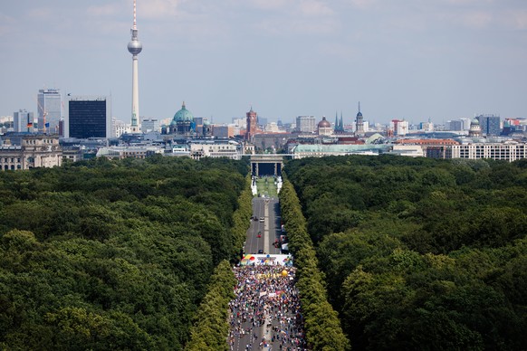 epa11397681 Participants stand in front of a stage reading &#039;stop right wing extremism - vote on 09 June!&#039; during a rally under the motto &#039;Stop right-wing extremism - defend democracy&#0 ...