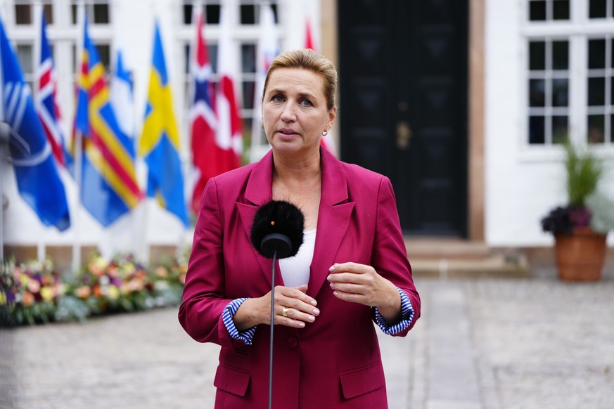 epa13180870 Denmarks Prime Minister Mette Frederiksen talks to the press after a Nordic summer meeting at Marienborg in Copenhagen, Denmark, 20 August 2026. The meeting gathers heads of government and ...