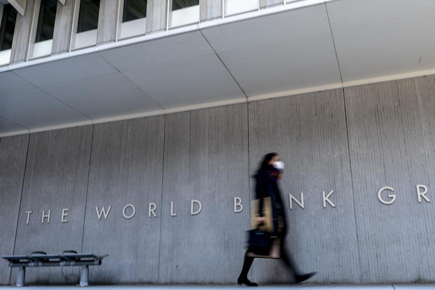 The World Bank building, Monday, April 5, 2021, in Washington. The International Monetary Fund and the World Bank open their virtual spring meetings. (AP Photo/Andrew Harnik)